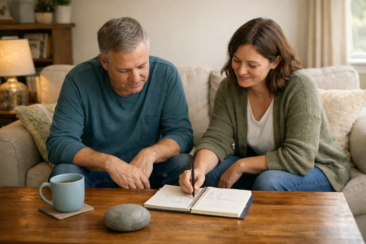 An adult and support worker calmly reviewing a simple plan together in a living room.