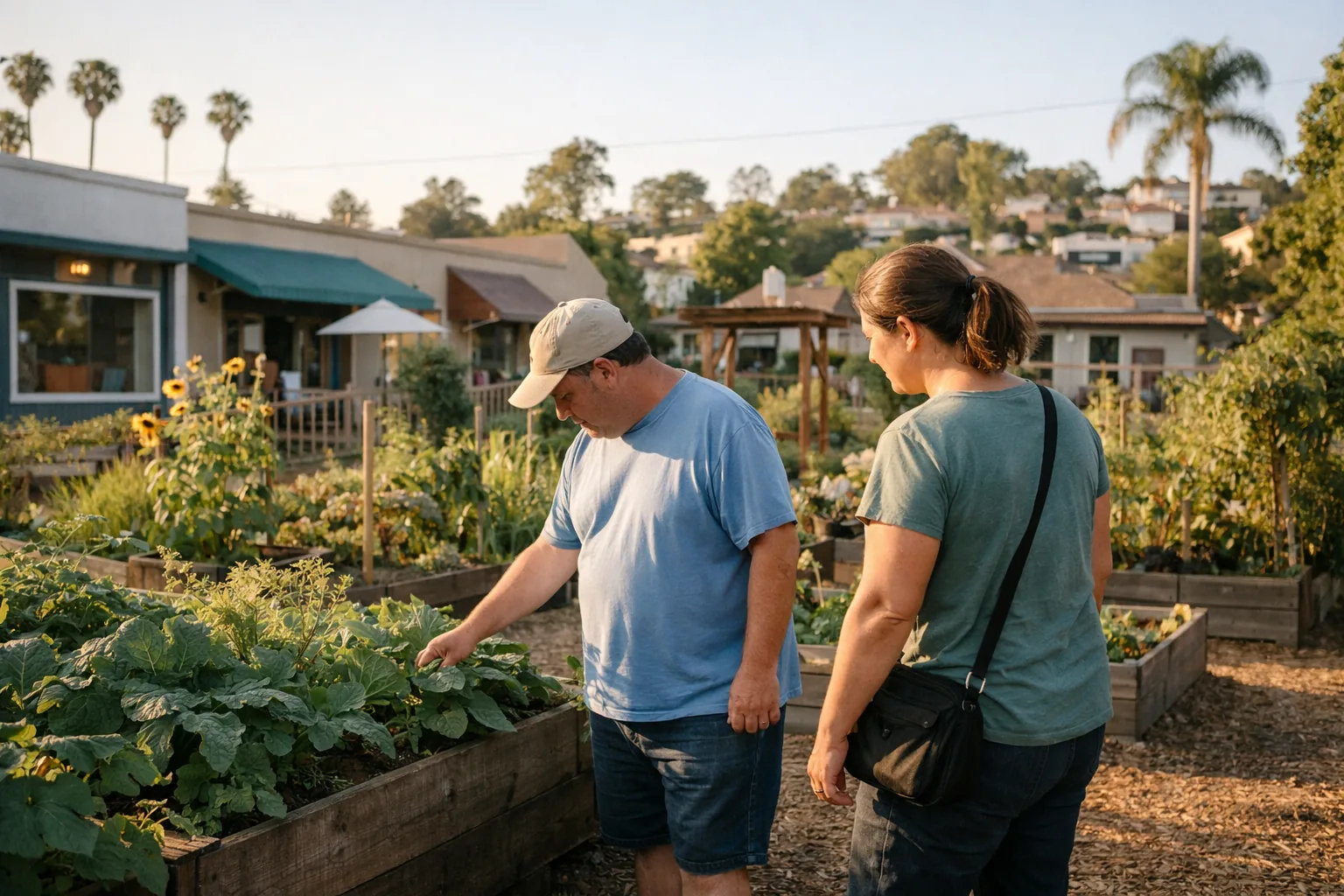 An adult and support worker spending time together in a neighborhood community garden.
