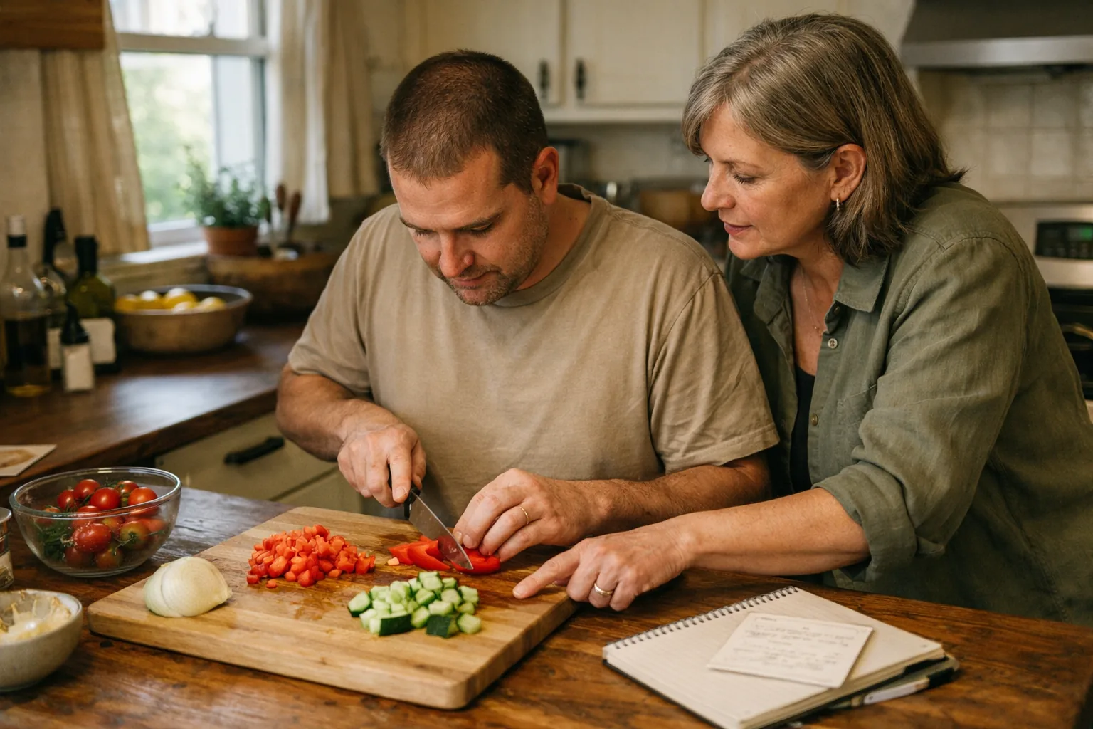 An adult learning meal preparation with a coach in a real home kitchen.