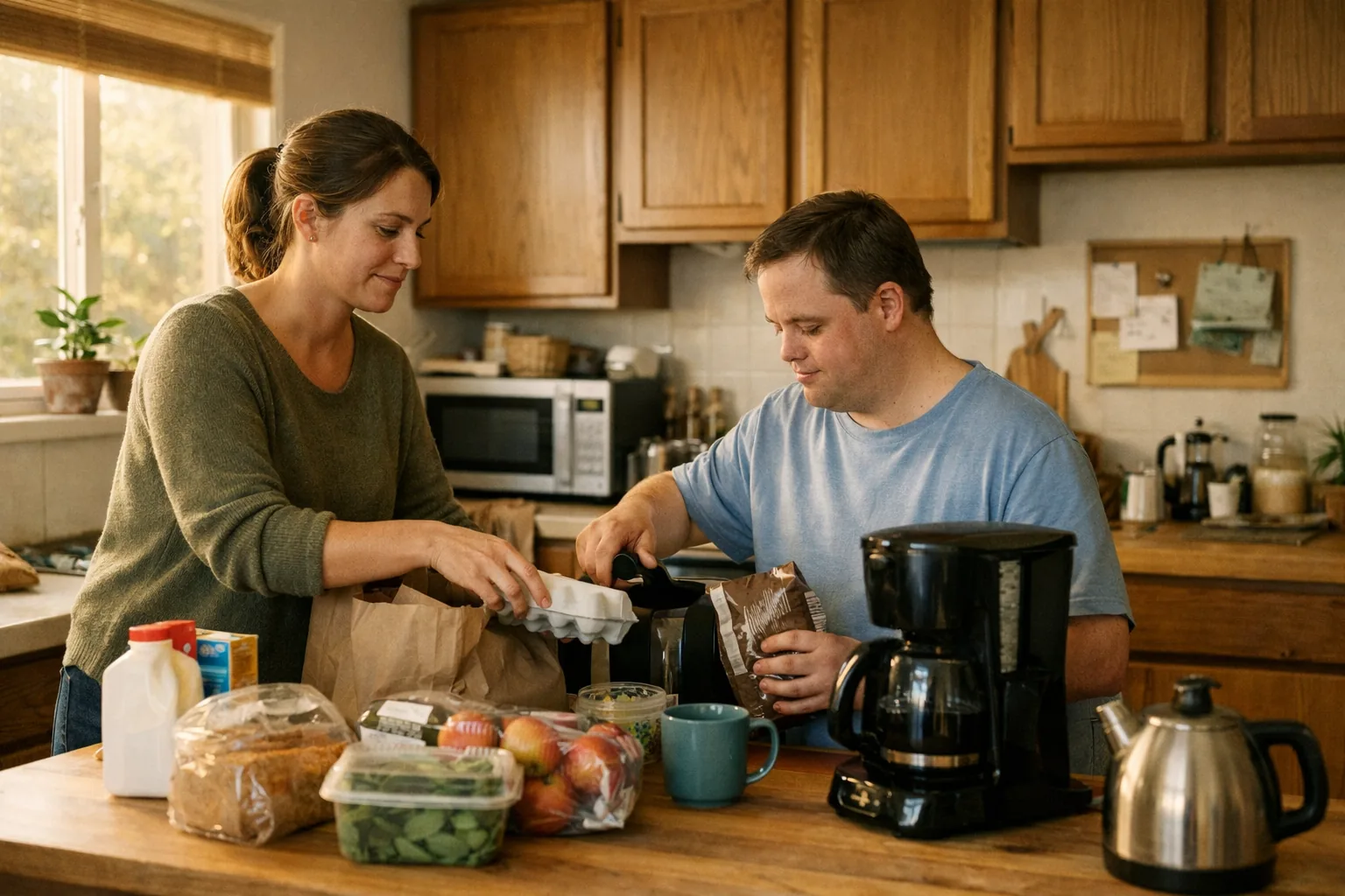 A support worker and resident preparing groceries together in a warm home kitchen.